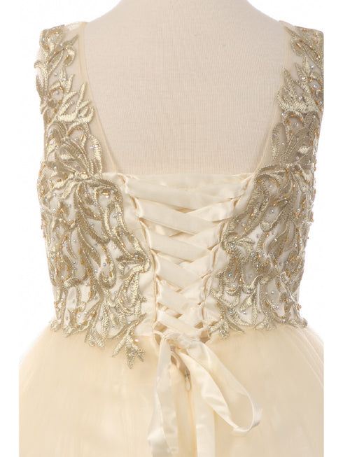 Little Girls Champagne Rhinestone Embroidered Full Length Formal Dress Dress 4-6 - SophiasStyle.com